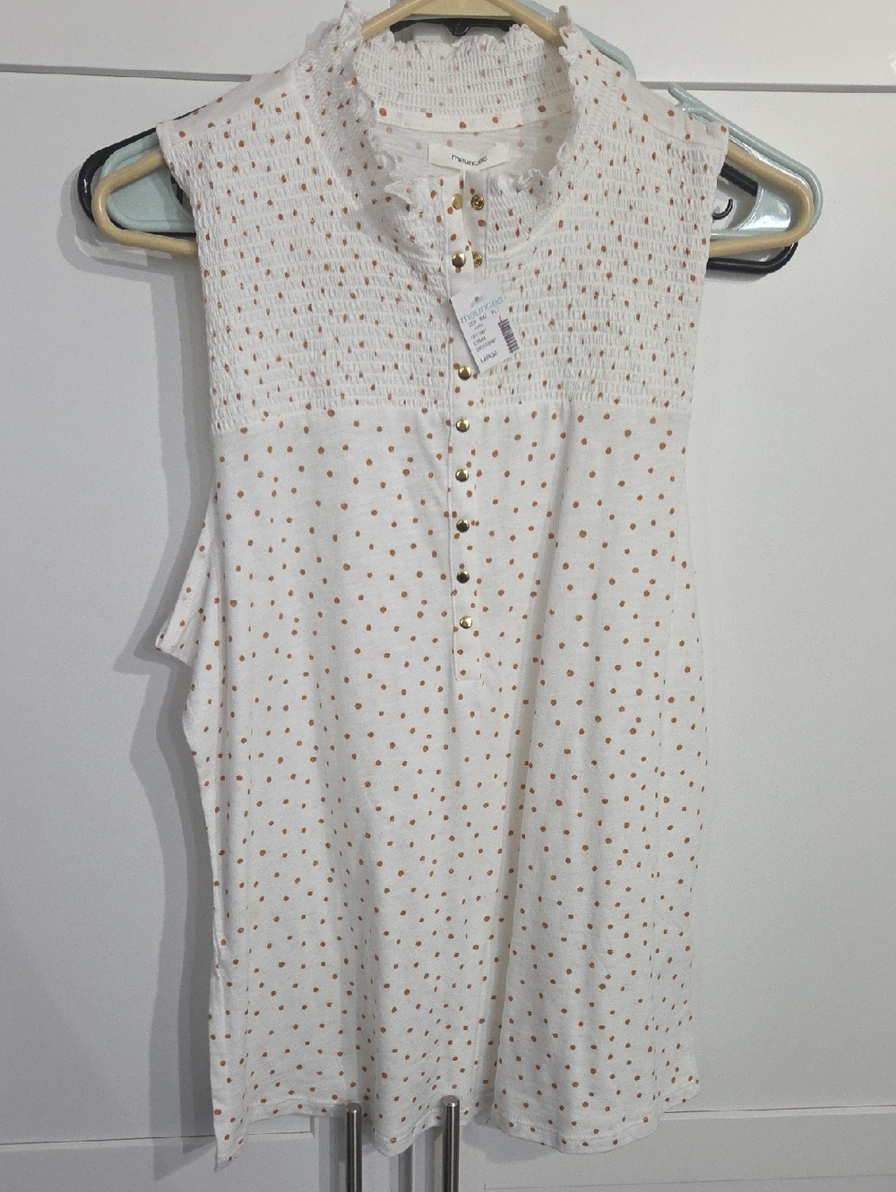 Sleeveless White Polka Dot Smocked Yoke Top
